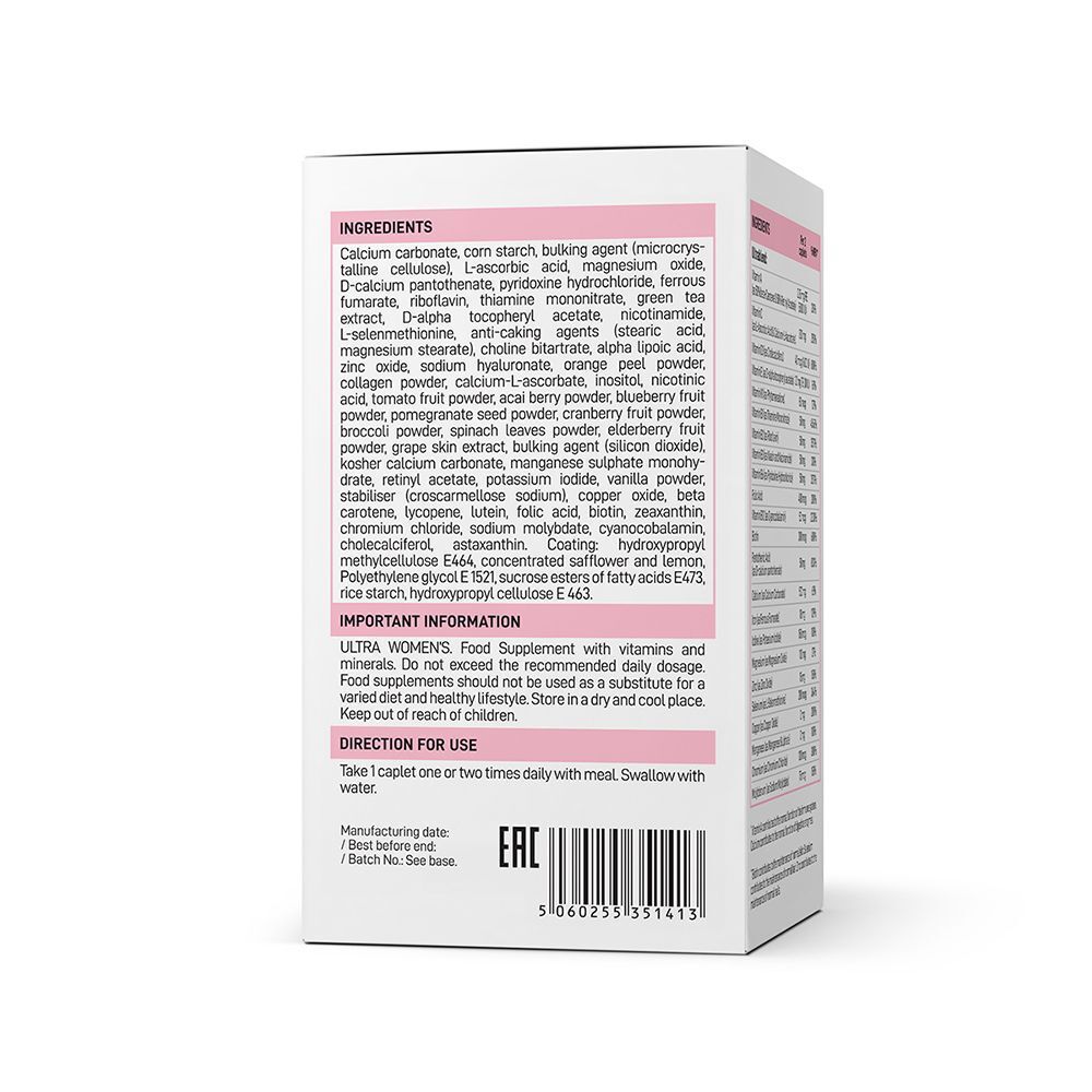 VPLAB Ultra Women's Multivitamin Formula: retro della confezione con informazioni importanti e istruzioni per l'uso.
