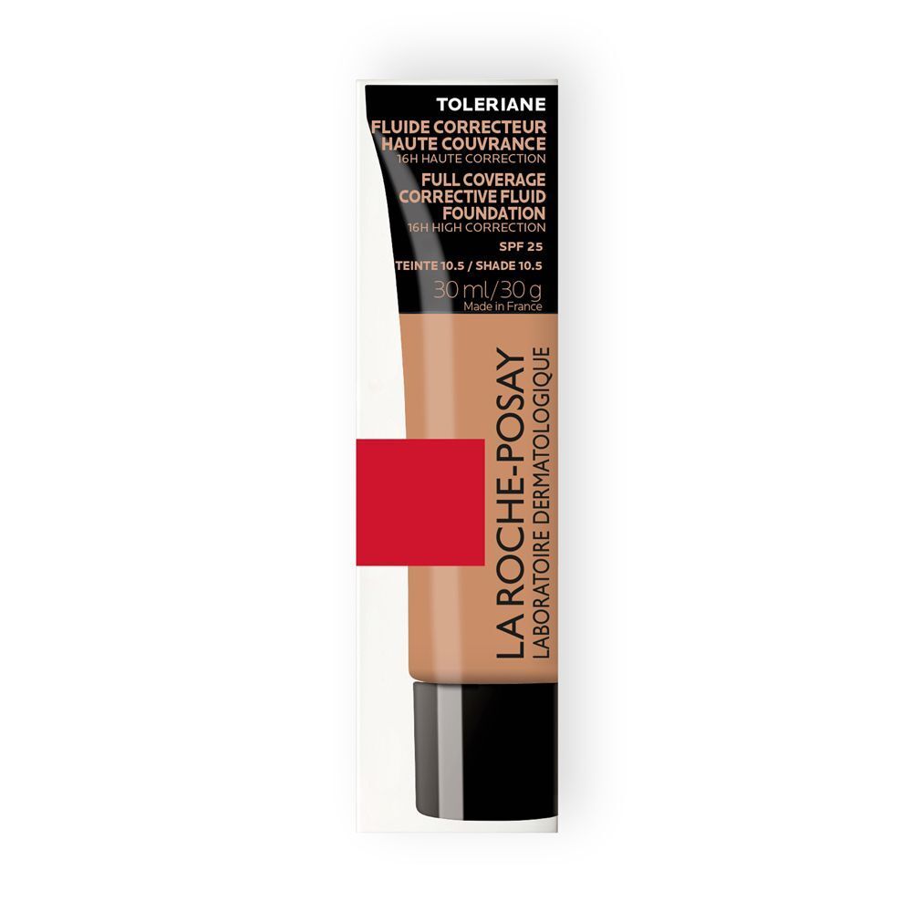 Un tubetto di fondotinta fluido La Roche-Posay Toleriane con banda rossa. Sigillo "Brand consigliato da dermatologi".