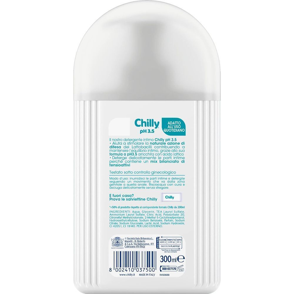 Retro di un flacone di detergente intimo Chilly pH 3.5 con informazioni sul prodotto e indicazione 300ml.