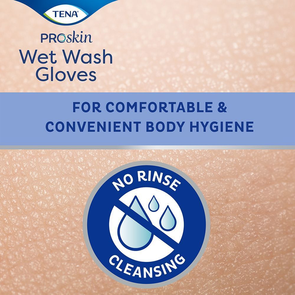 Logo TENA Wet Wash Gloves 'No Rinse Cleansing'.