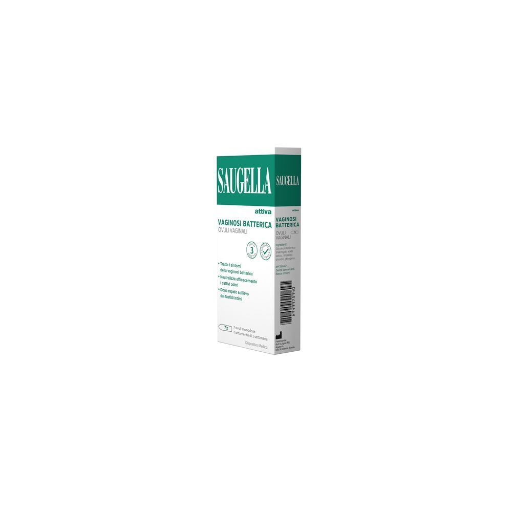 Confezione di Saugella Attiva Ovuli Vaginali per vaginosi batterica, vista laterale. 7 ovuli monodose.