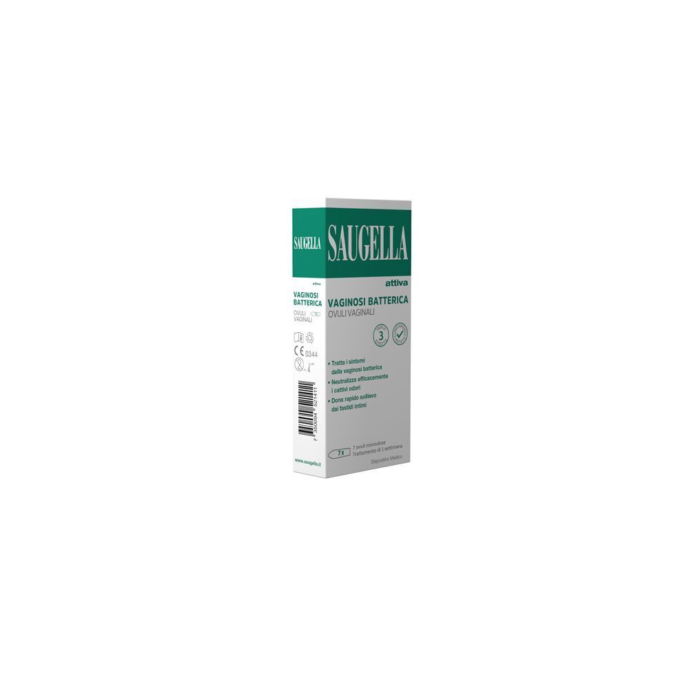 Confezione di Saugella Attiva Ovuli Vaginali per vaginosi batterica, vista laterale. 7 ovuli monodose.