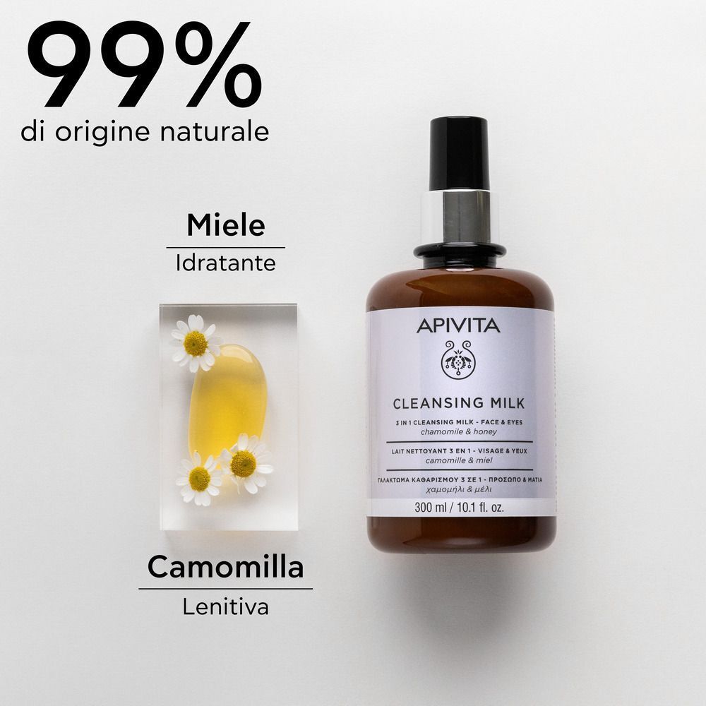 Latte Detergente Apivita 3-in-1: 99% ingredienti naturali, con camomilla e miele.