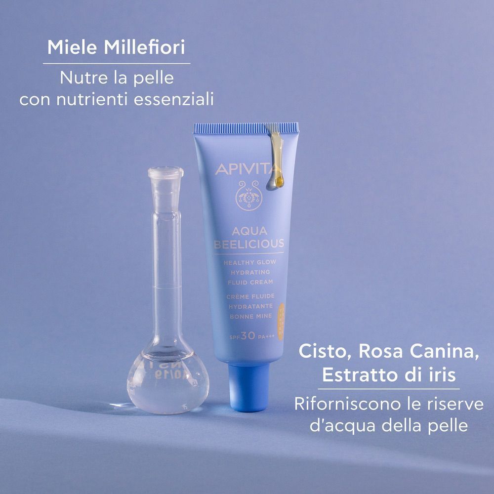 Crema fluida colorata Apivita Aqua Beelicious SPF 30 con miele ed estratto di iris.