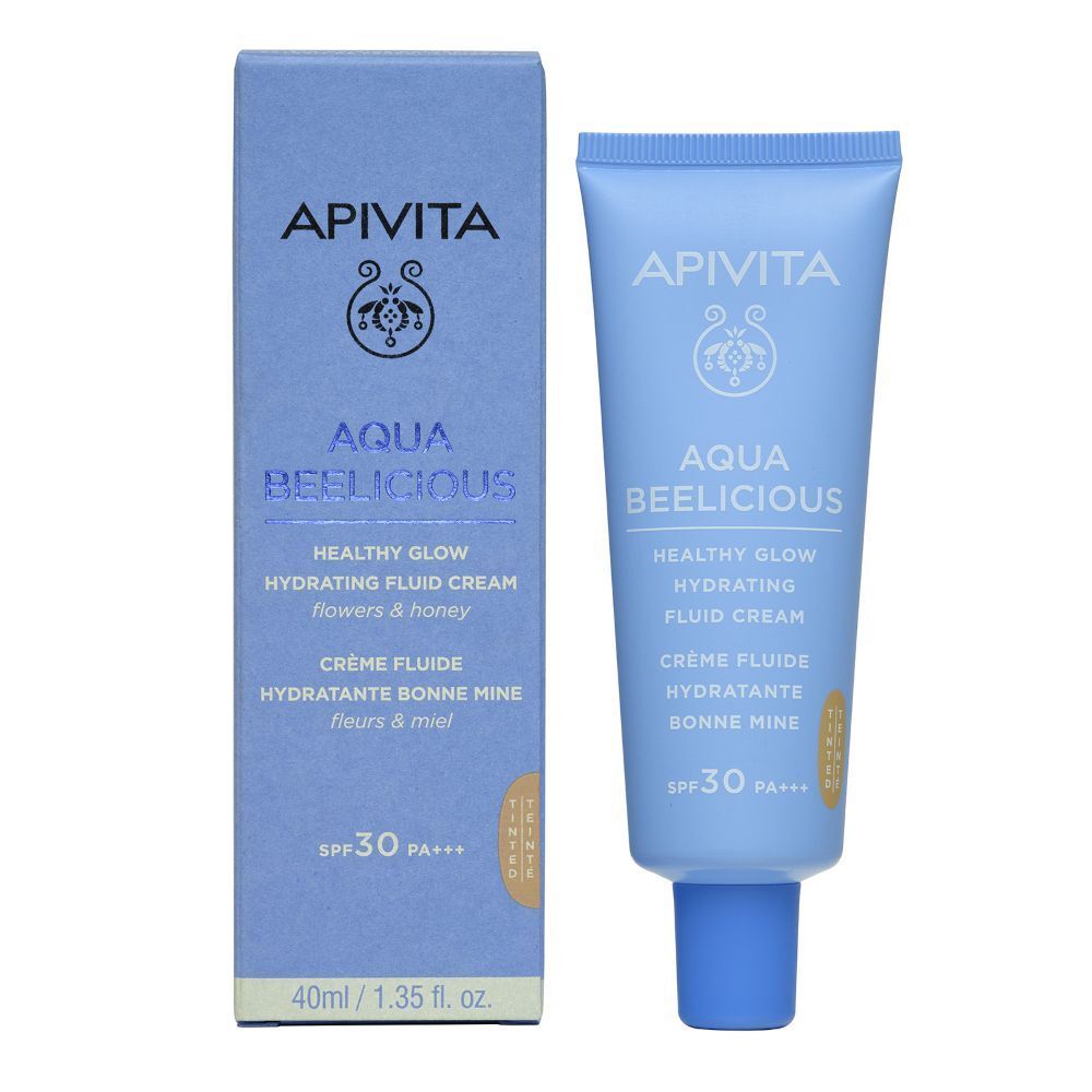 Crema fluida colorata Apivita Aqua Beelicious SPF 30 e la sua confezione.