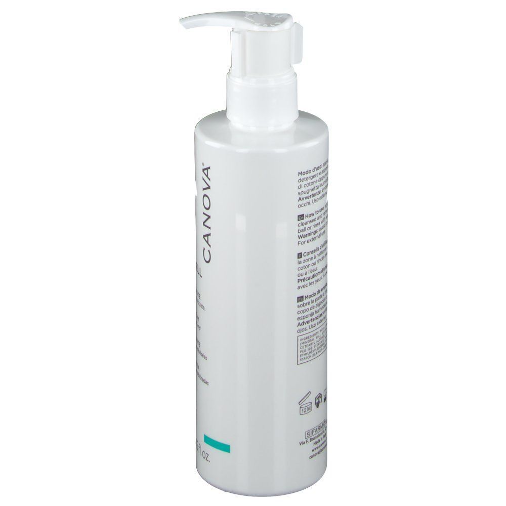 Flacone pompa bianco CANOVA Sensiquell Crema Detergente, retro con istruzioni per l'uso.