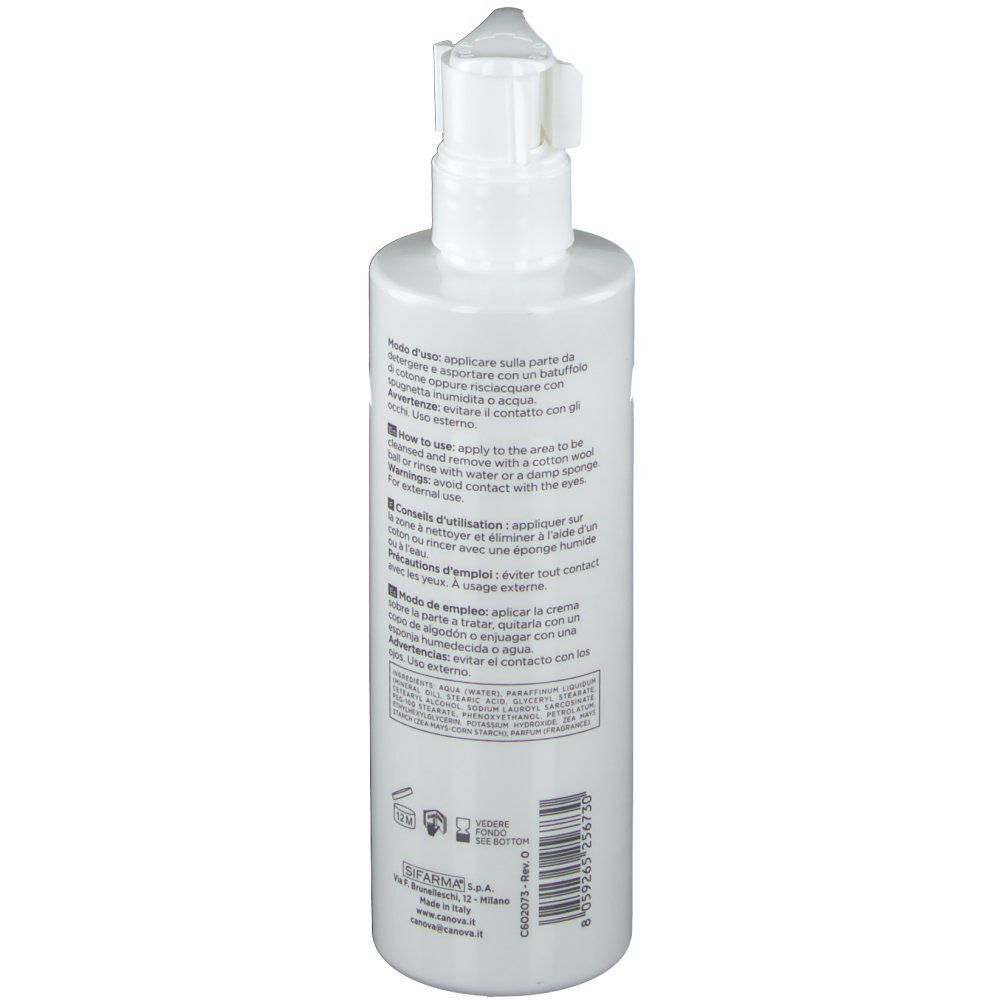 Flacone pompa bianco CANOVA Sensiquell Crema Detergente, retro con istruzioni per l'uso.