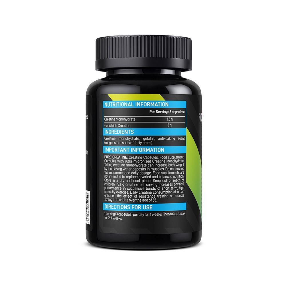 Retro di un contenitore di VPLAB Creatine Capsules con informazioni nutrizionali e istruzioni per l'uso.
