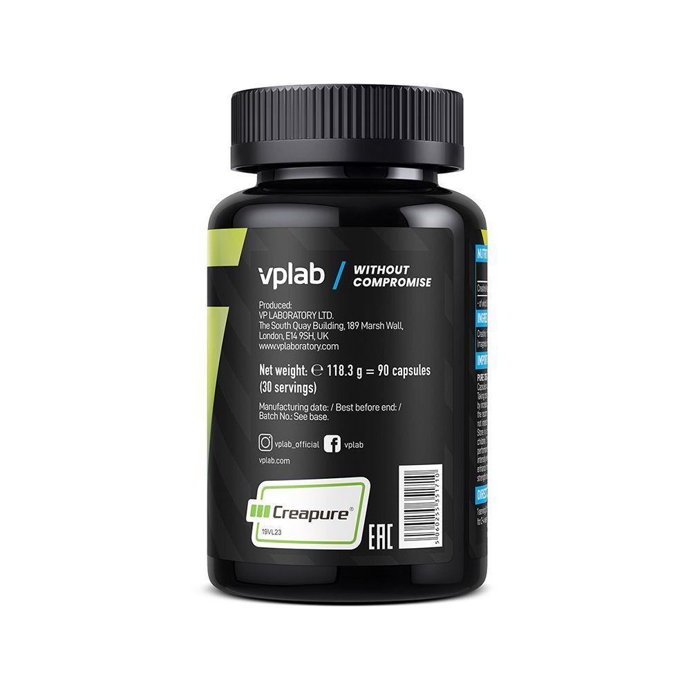 Retro di un contenitore di VPLAB Creatine Capsules con dettagli di produzione, peso netto e sigillo EAC.
