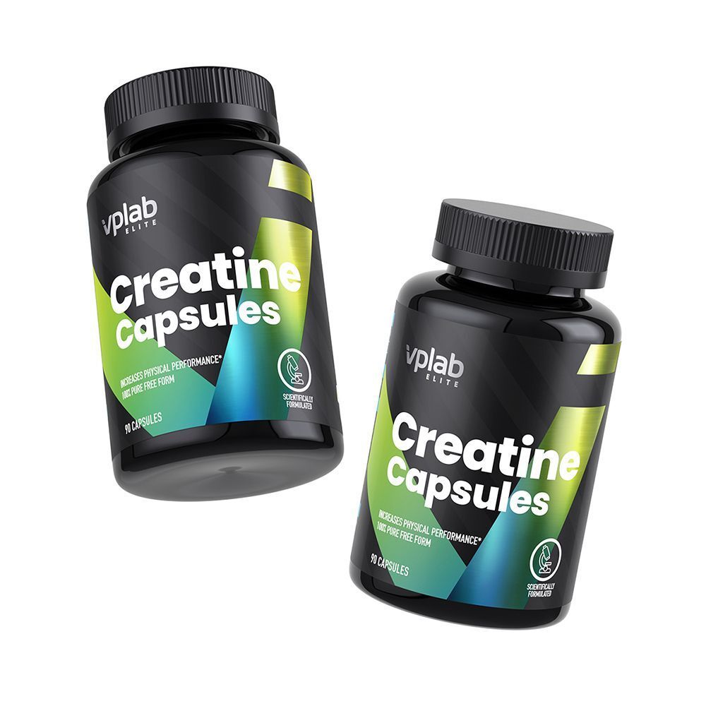 Due contenitori di VPLAB Creatine Creapure Capsules, mostrati in prospettiva da diverse angolazioni.