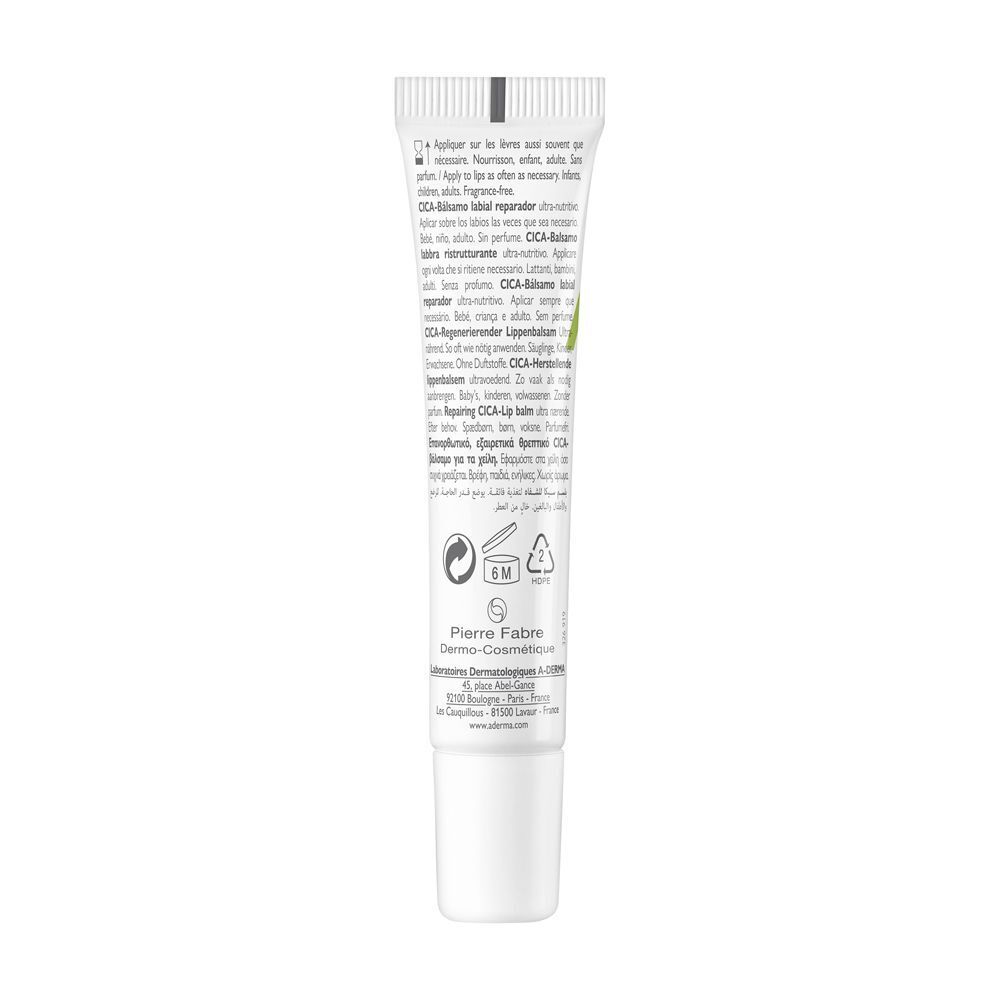 Retro di un tubetto di balsamo labbra A-Derma Dermalibour+ Cica con ingredienti e istruzioni.