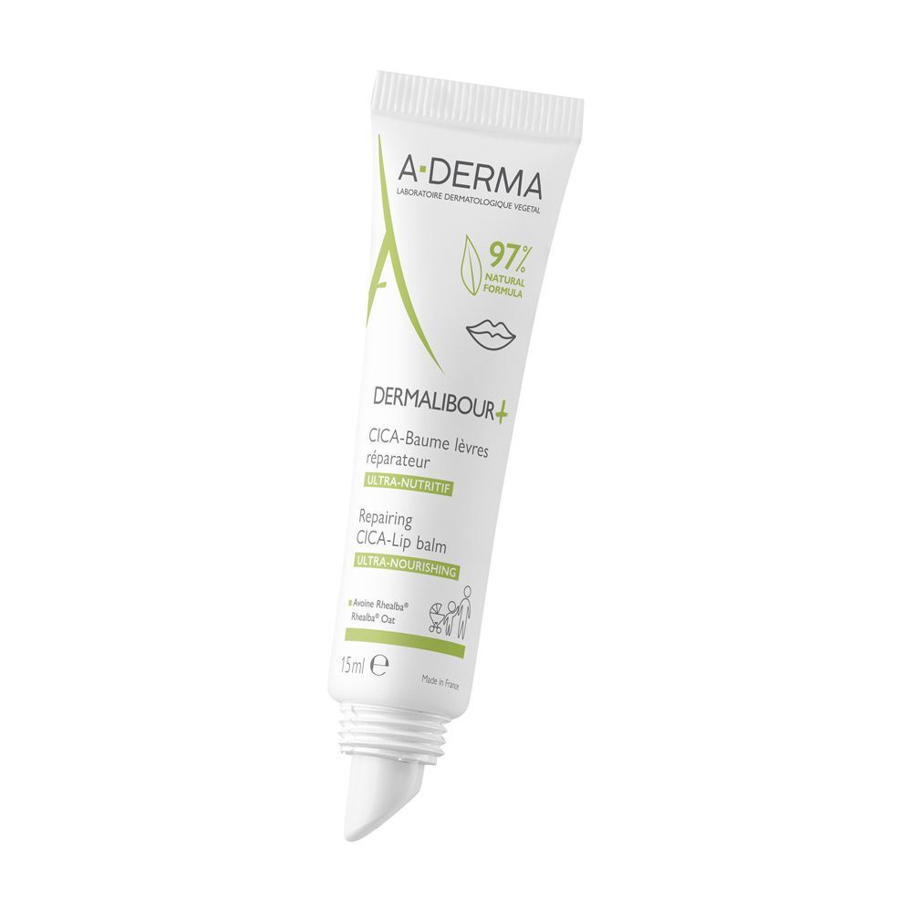 Un tubetto di balsamo labbra A-Derma Dermalibour+ Cica, 15ml, con applicatore inclinato.