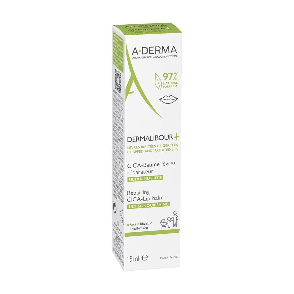 Confezione del balsamo labbra A-Derma Dermalibour+ Cica, 15ml.