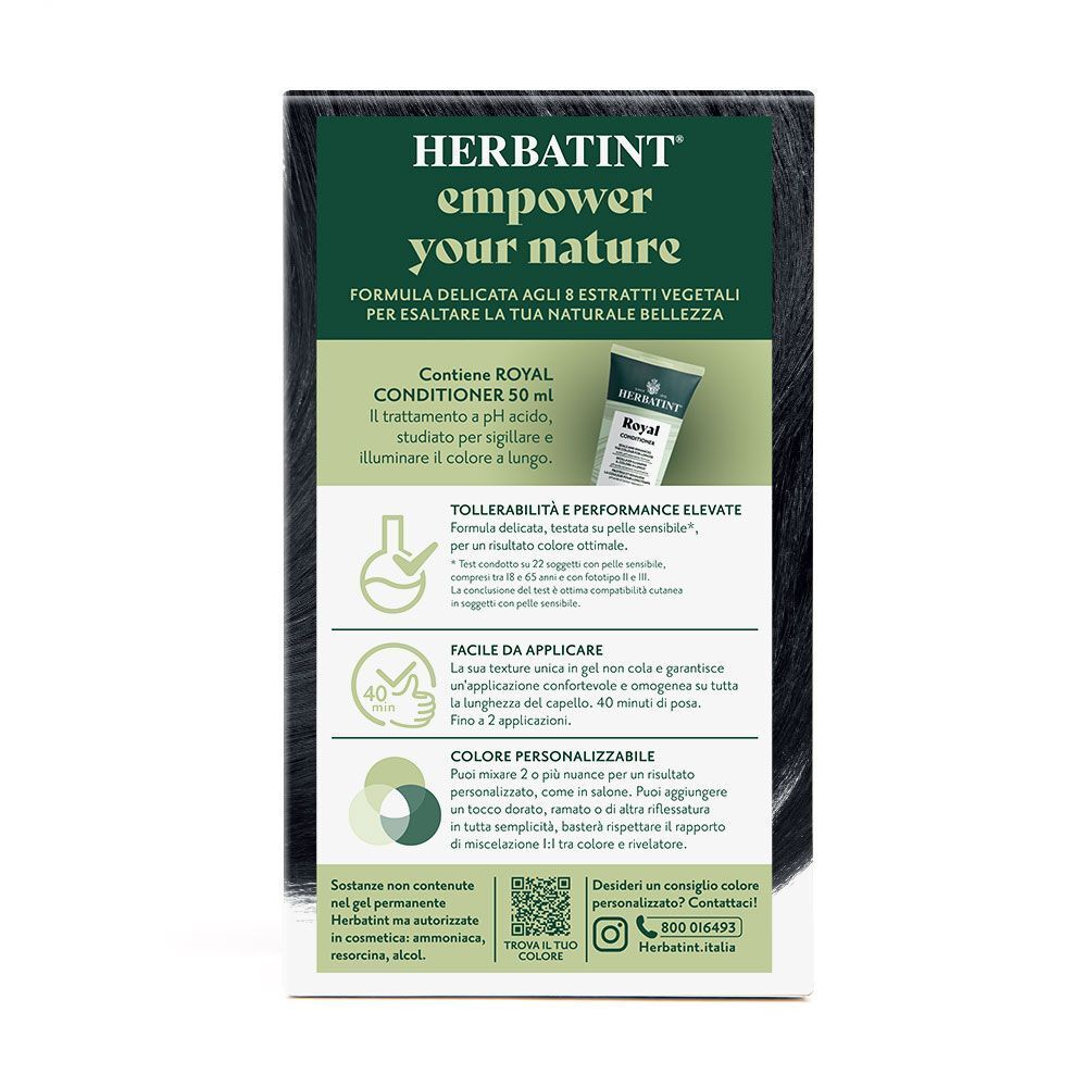 Retro della confezione Herbatint gel colorante permanente Nero (1N) con informazioni sul prodotto.