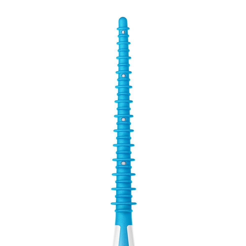 Vista dettagliata della testa dello scovolino interdentale TePe EasyPick™ blu con setole in silicone e scanalature.
