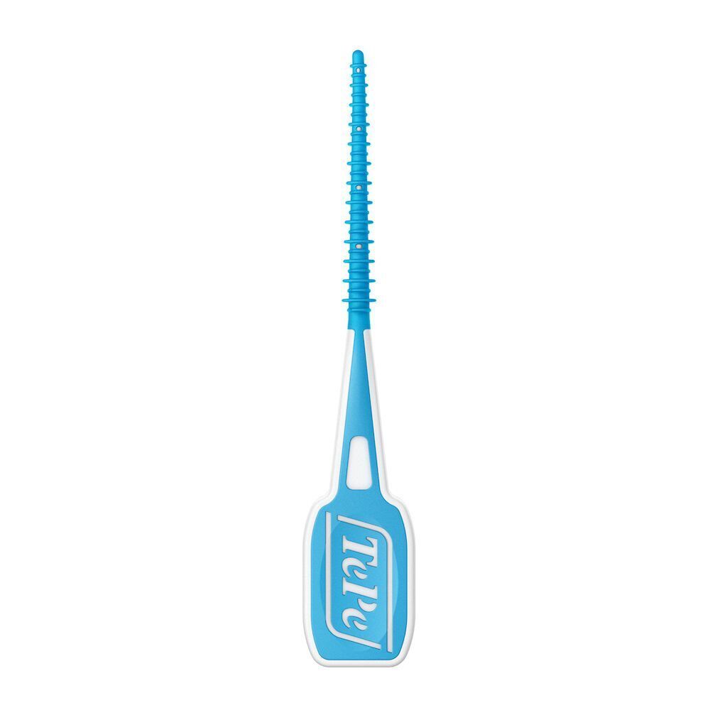 Uno scovolino interdentale TePe EasyPick M/L con manico blu e punta flessibile.
