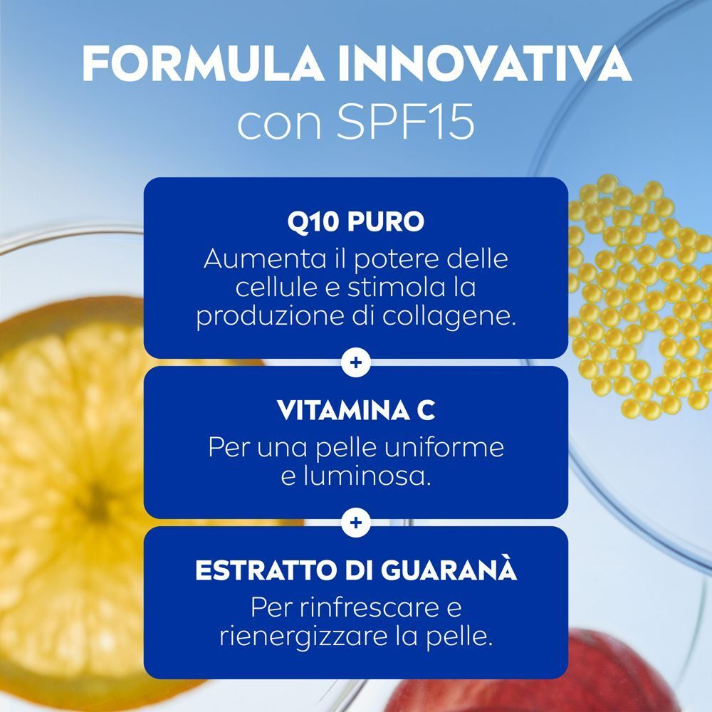 Nivea Crema Giorno Q10 Ingredienti: Q10, Vitamina C, Estratto di Guaranà.