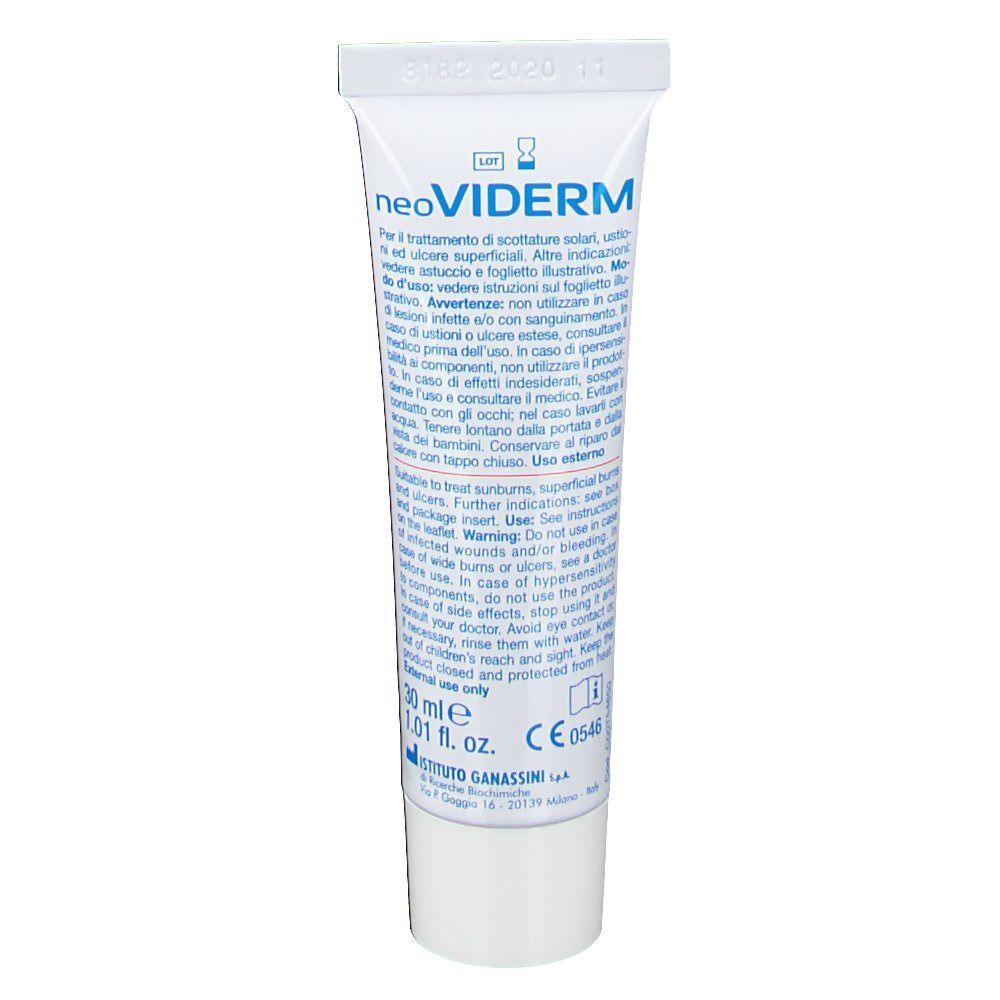 Tubo di emulsione cutanea NeoViderm con etichetta, marchio CE e indicazione 30 ml.