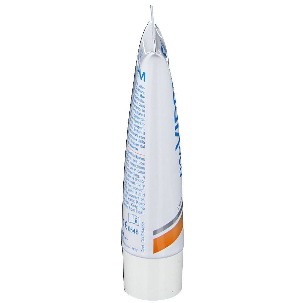 Lato di un tubetto di NeoViderm Emulsione Cutanea emulsione cutanea con scritte e marchio CE.