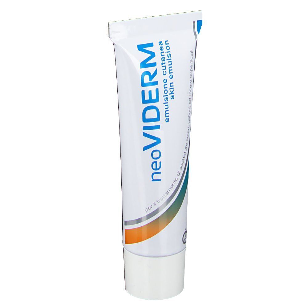 Un tubetto di NeoViderm Emulsione Cutanea emulsione cutanea con scritte.