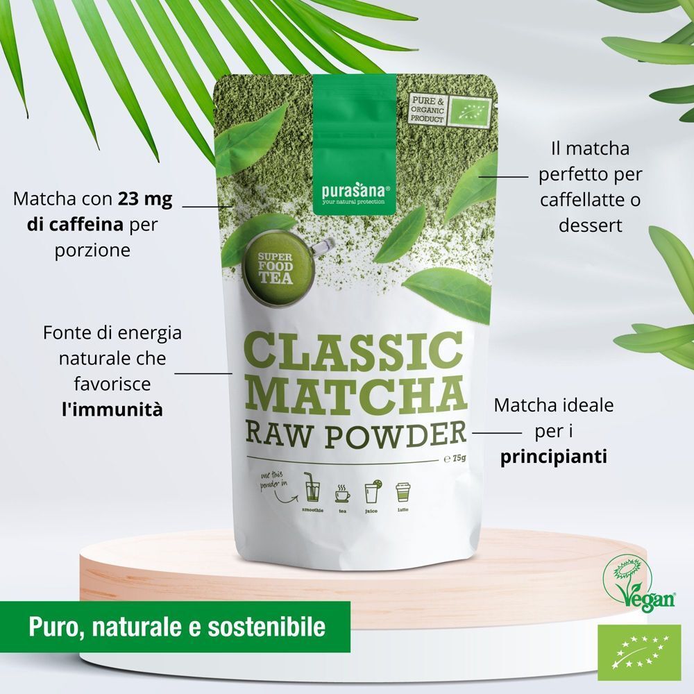 Busta Purasana Matcha Classic Raw Powder BIO con motivo a foglie e sigillo biologico.