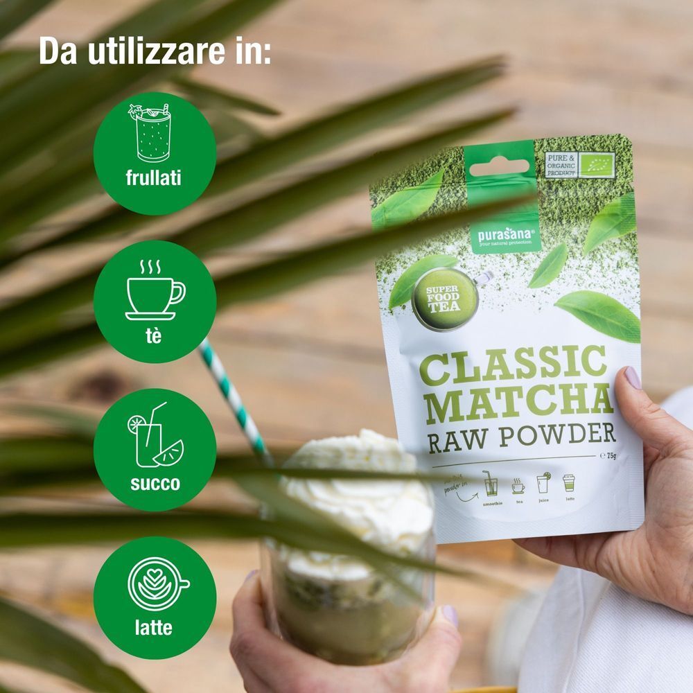 Busta Purasana Matcha Classic Raw Powder BIO, accanto a icone di bevande.