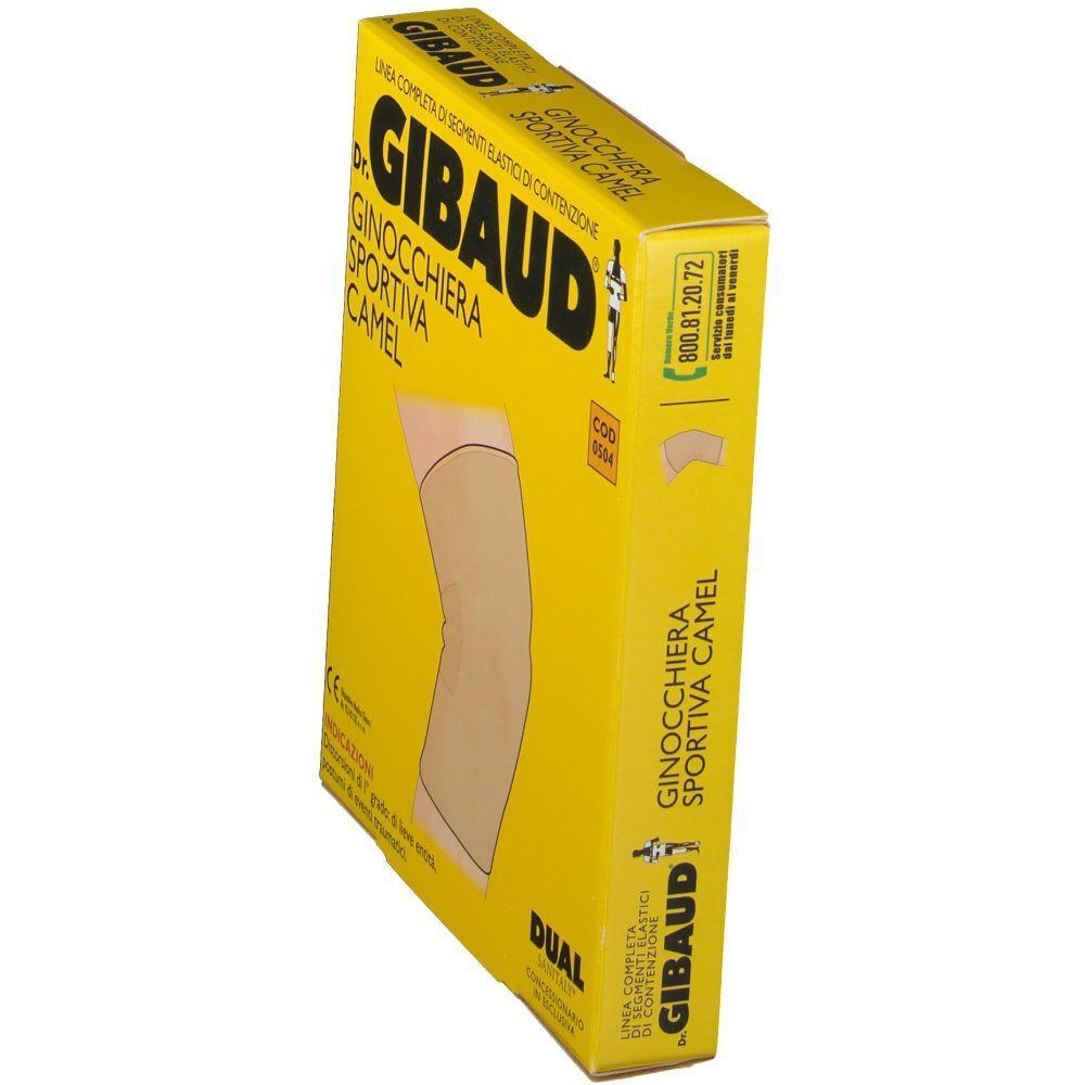 Confezione di ginocchiera sportiva Dr. GIBaud, color cammello, taglia 3, vista laterale.