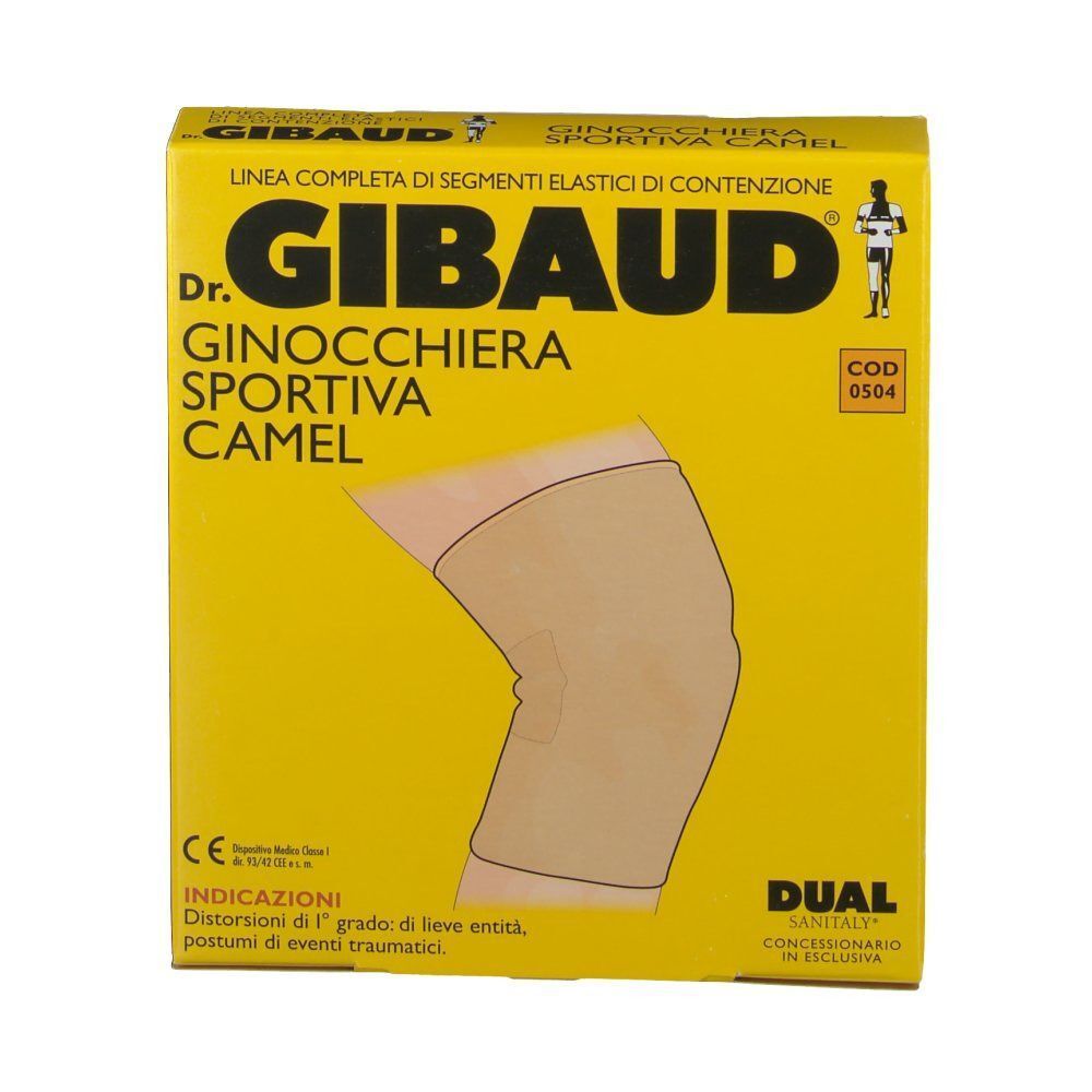 Fronte della confezione di ginocchiera sportiva Dr. GIBaud, color cammello, taglia 3, con illustrazione del ginocchio.