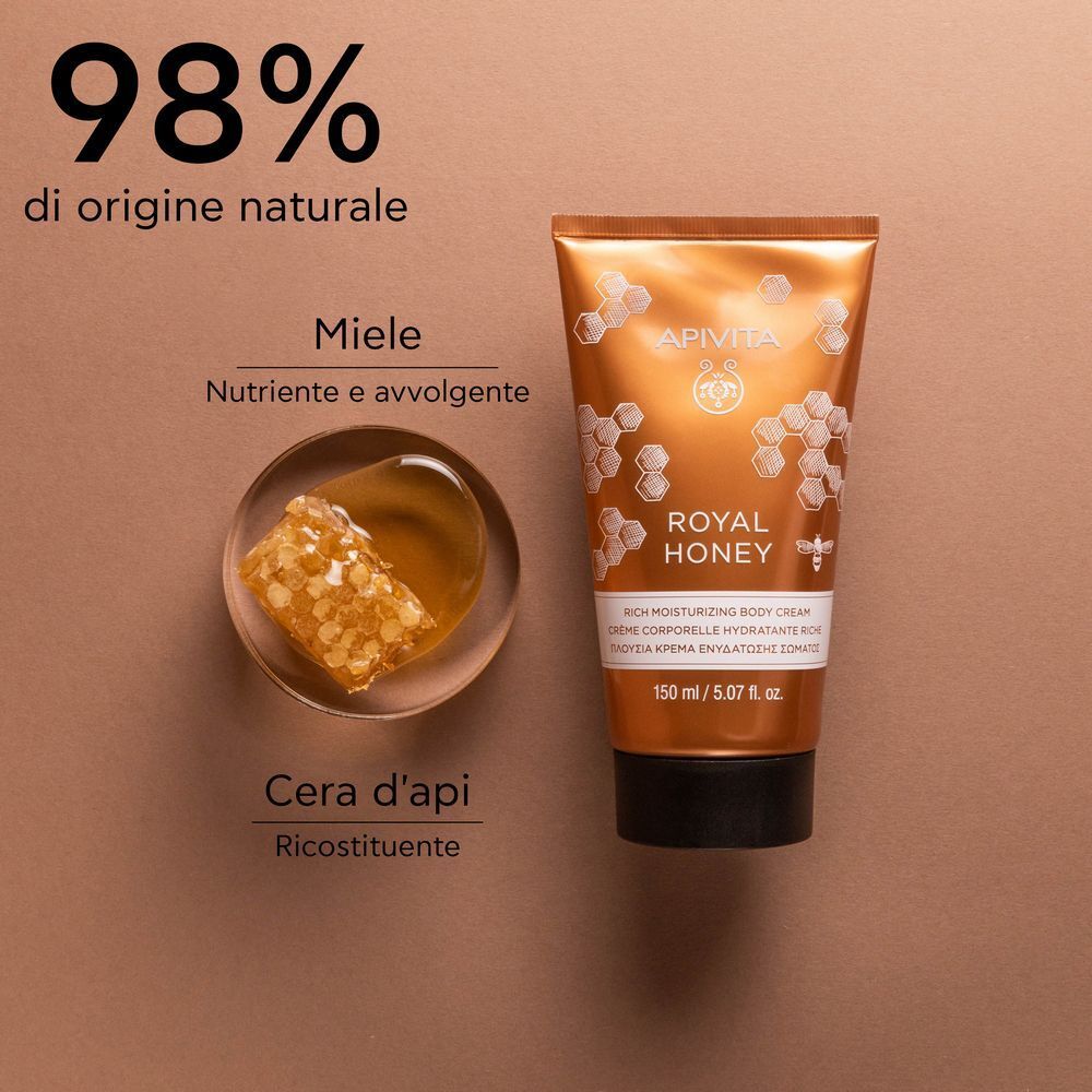 Crema corpo APIVITA Royal Honey accanto a un pezzo di favo e cera d'api.
