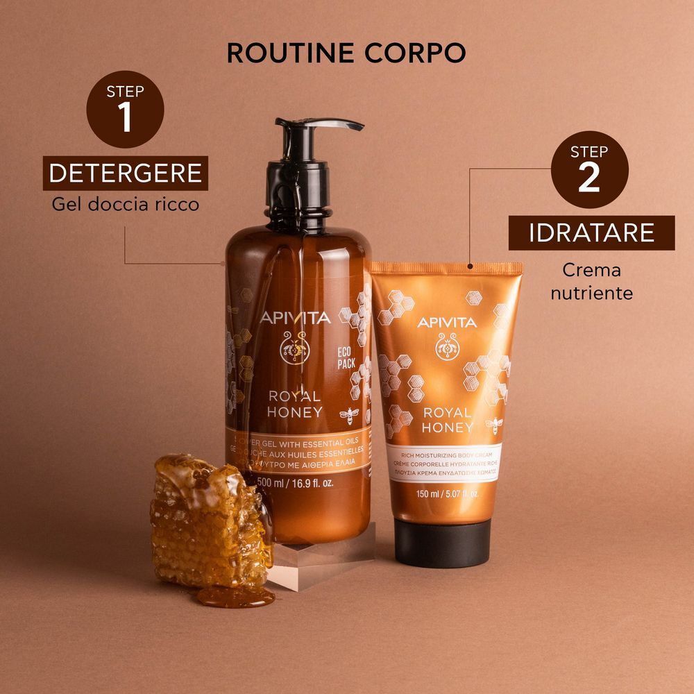 Crema corpo APIVITA Royal Honey e bagnoschiuma con favo.