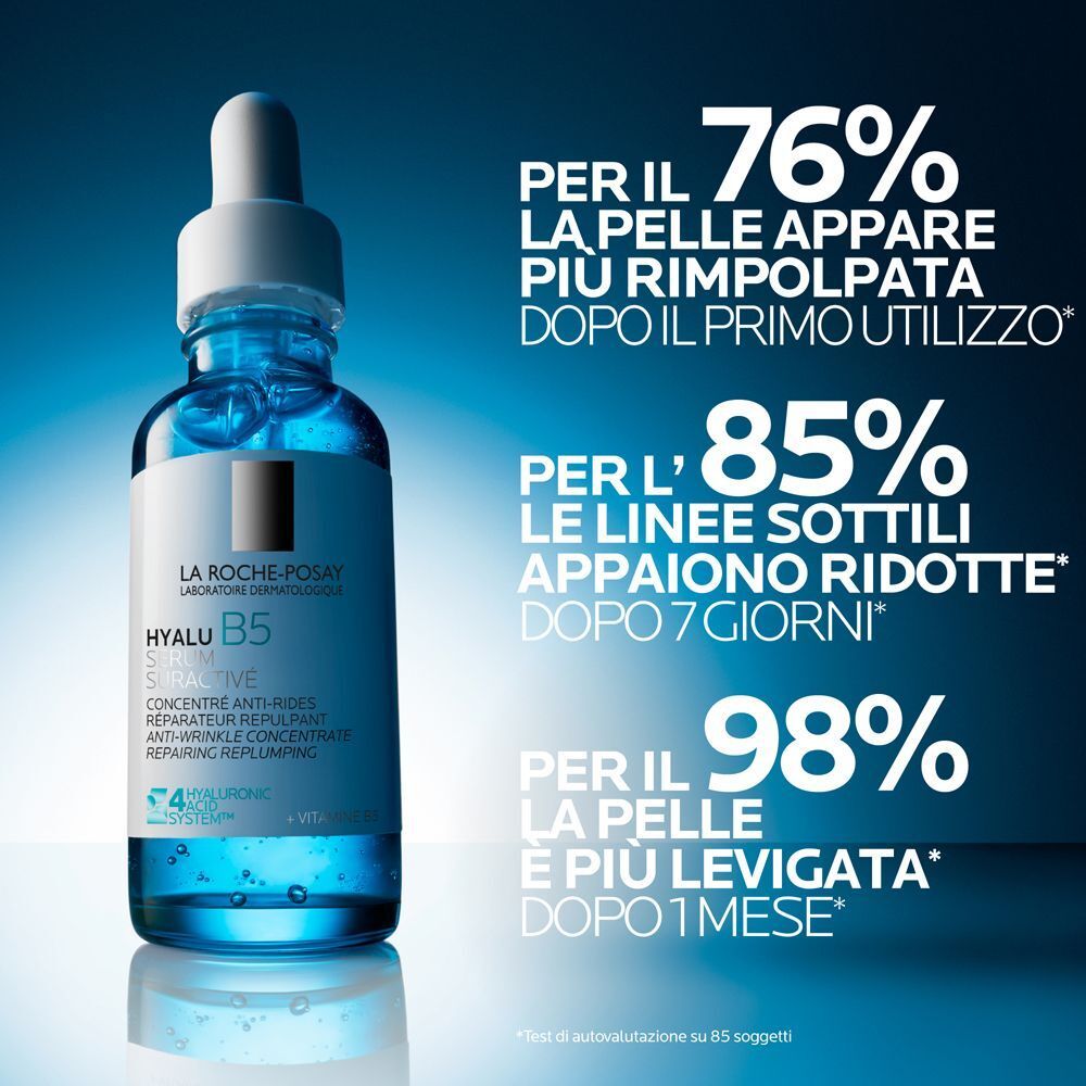 Flacone di siero La Roche-Posay Hyalu B5 con dati di efficacia.