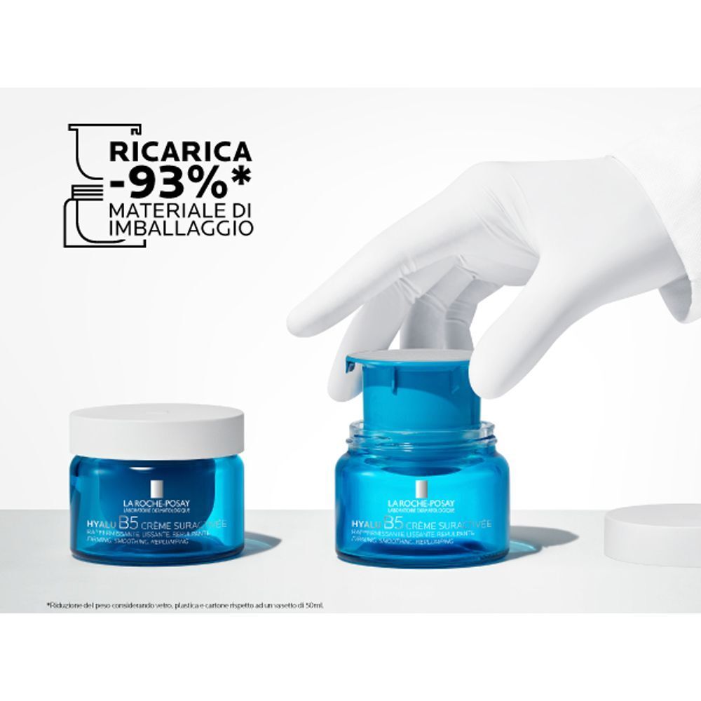 Una mano guantata di bianco solleva l'erogatore di un vasetto di crema La Roche-Posay Hyalu B5. Un altro vasetto accanto.