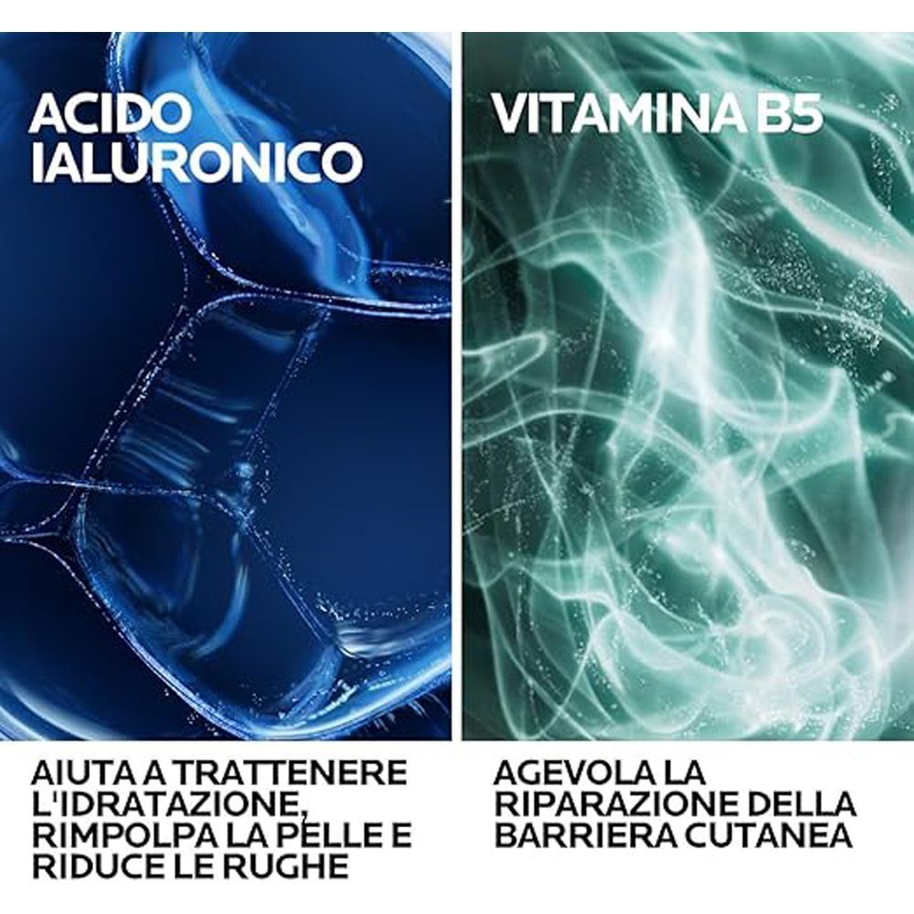 Grafiche di acido ialuronico e vitamina B5 con testo sui benefici per la pelle.