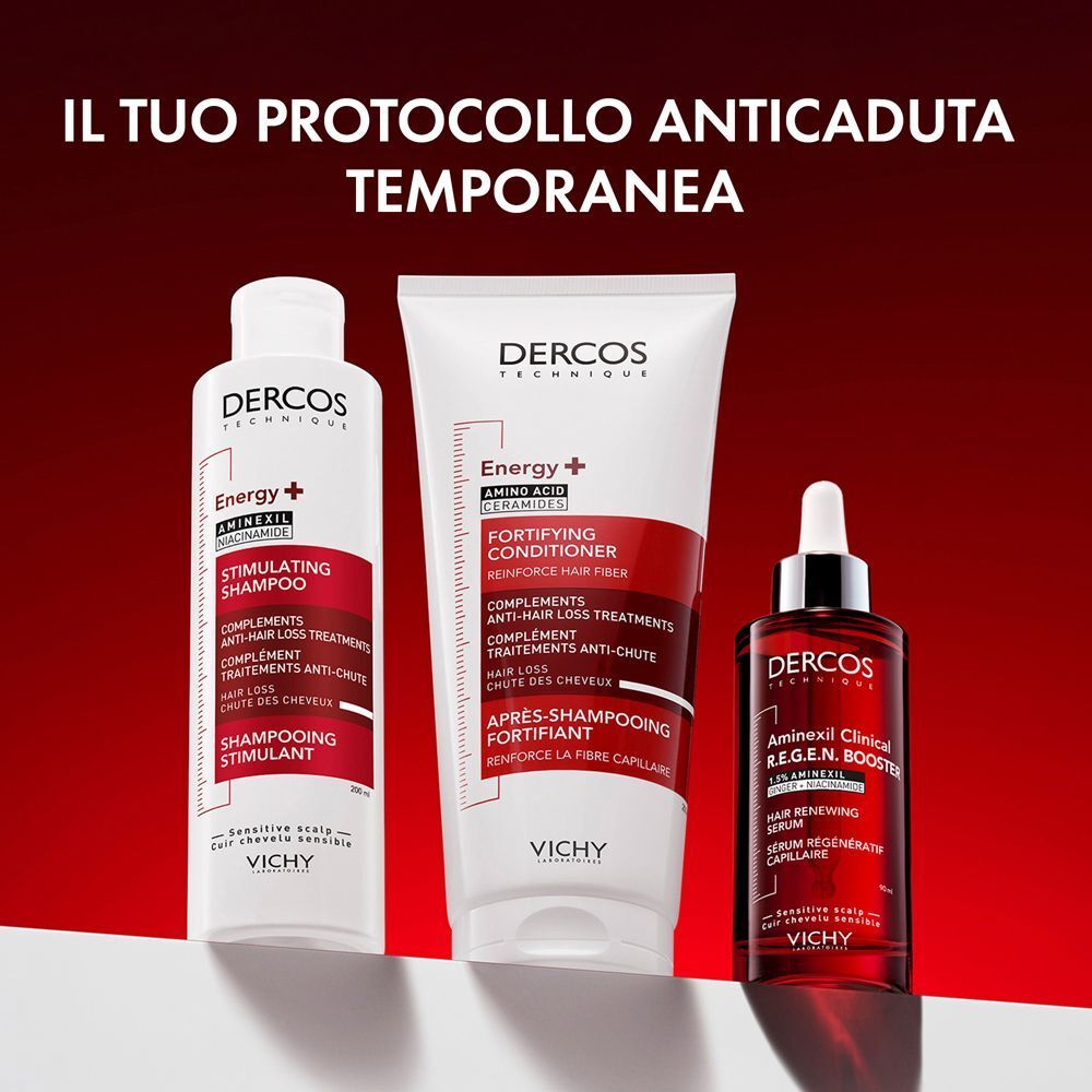 Tre prodotti Vichy Dercos: uno shampoo stimolante, un balsamo fortificante e un flacone Aminexil Clinical R.E.G.E.N. Booster.