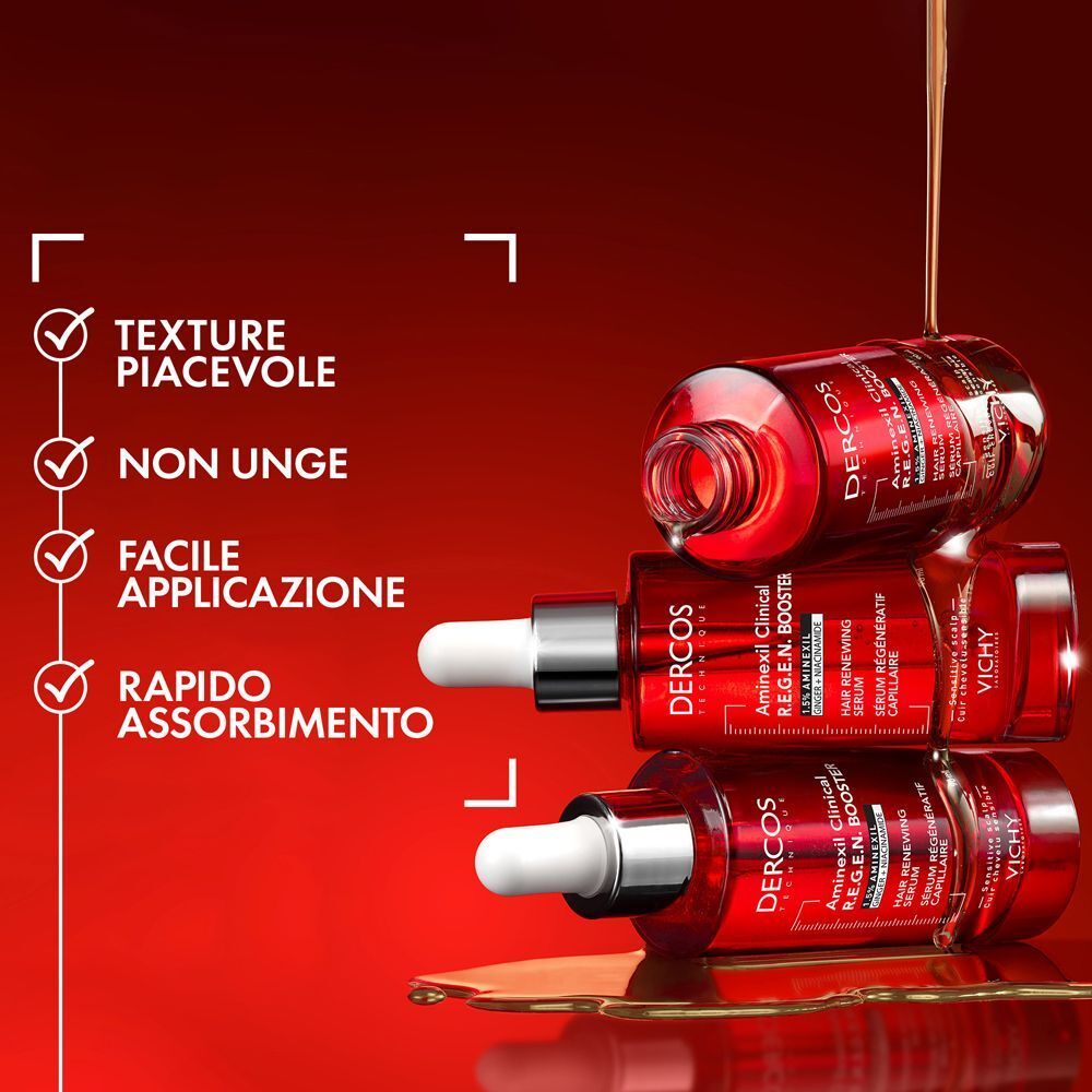 Tre flaconi Vichy Dercos Aminexil impilati, con testo su texture e applicazione.