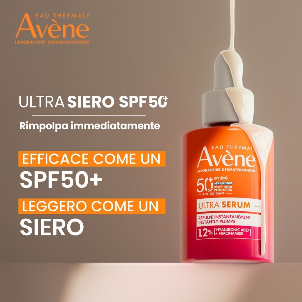 Flacone Eau Thermale Avène Ultra Siero SPF50+, siero applicato sul contagocce. Testo: 'Efficace come un SPF50+ Leggero come un siero'.