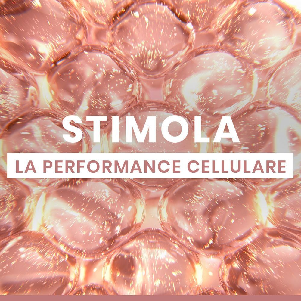 Rappresentazione astratta di cellule cutanee con testo "Stimola la performance cellulare".