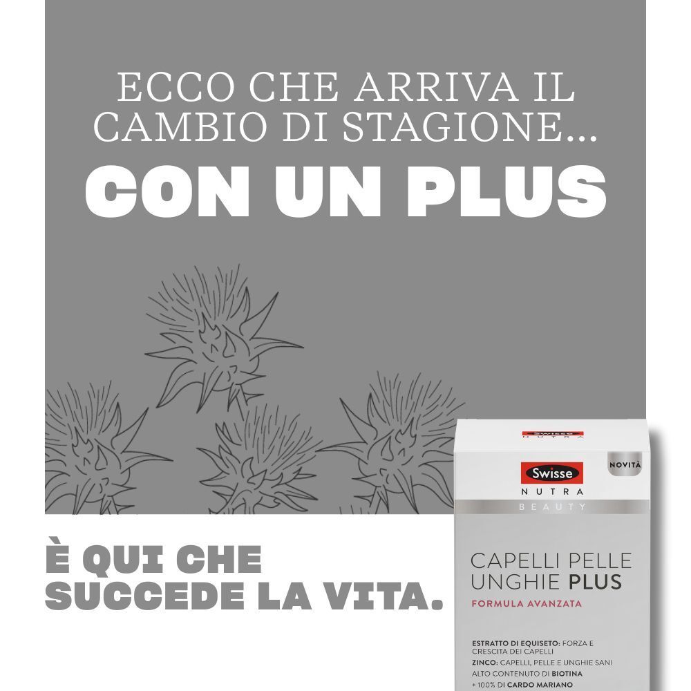Confezione Swisse Capelli Pelle Unghie Plus con rappresentazione stilizzata di cardi.