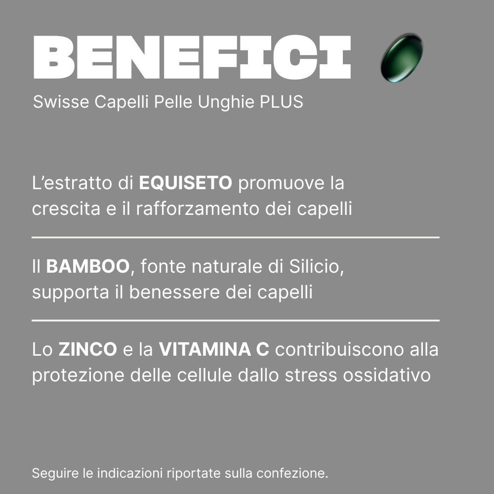 Benefici di Swisse Capelli Pelle Unghie Plus: Equiseto, Bambù, Zinco e Vitamina C.