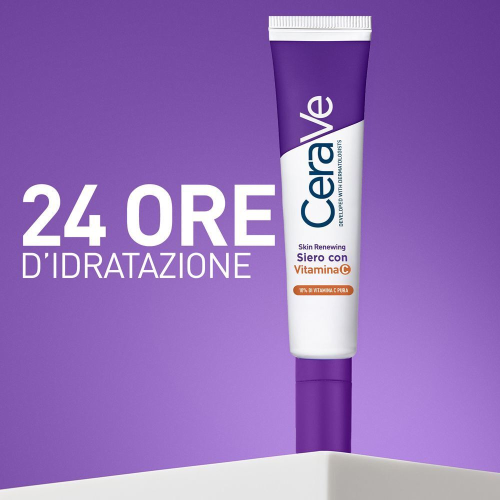 Un tubetto di CeraVe Skin Renewing Siero Vitamina C su sfondo viola. Testo: 24 ore di idratazione.