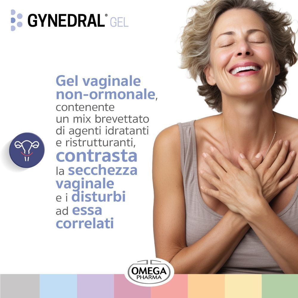 GYNEDRAL® Gel: Una donna sorridente, occhi chiusi, esprime benessere. Descrive il gel vaginale non ormonale.