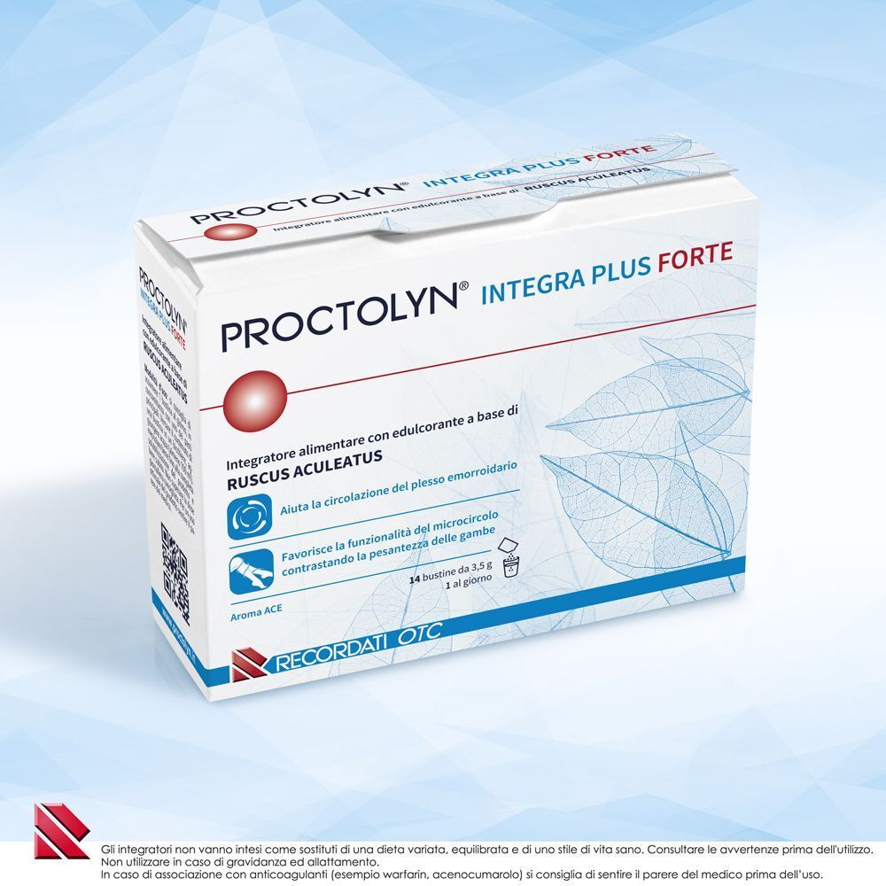Una confezione di Proctolyn Integra Plus Forte, 24 bustine. Integratore alimentare a base di Ruscus Aculeatus.