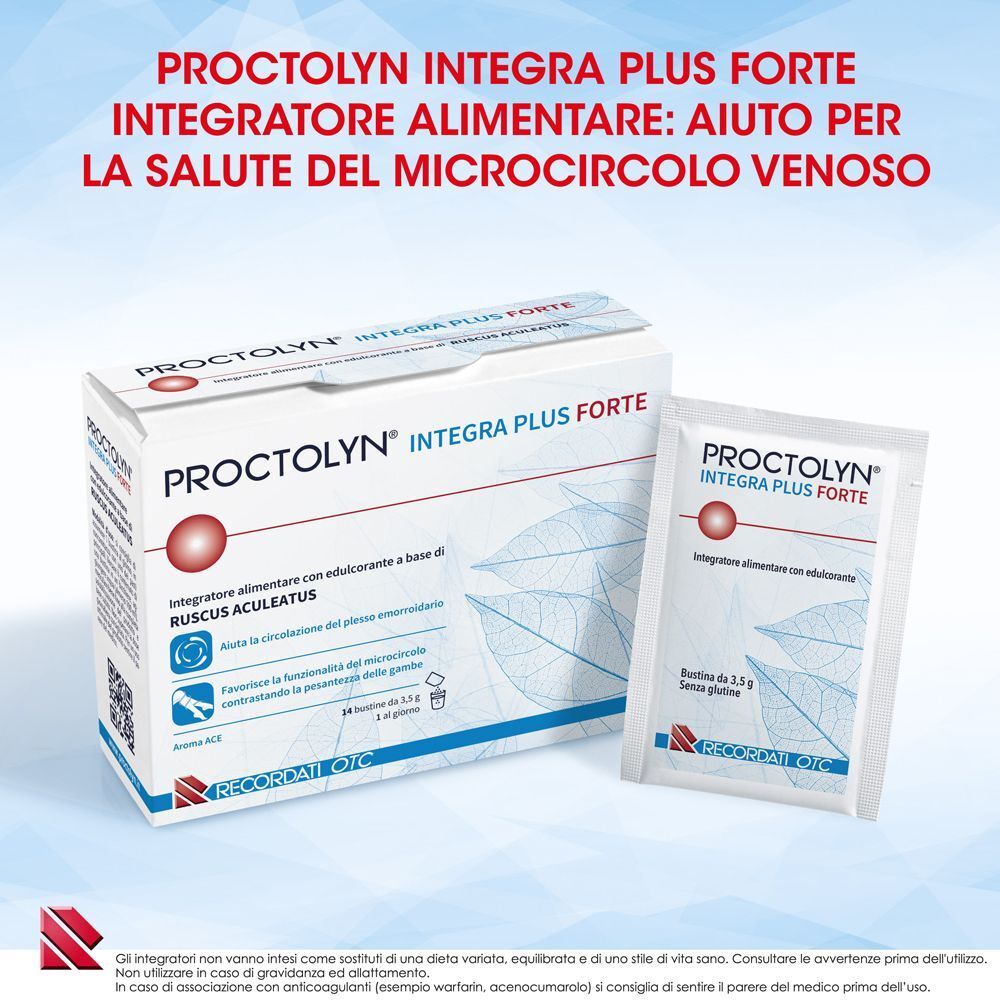 Confezione e bustina di Proctolyn Integra Plus Forte. Integratore per la microcircolazione.