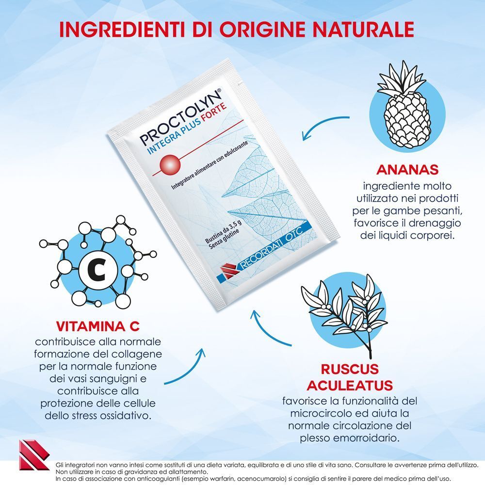 Bustina Proctolyn Integra Plus Forte con ananas, vitamina C e Ruscus Aculeatus. Per gambe pesanti.