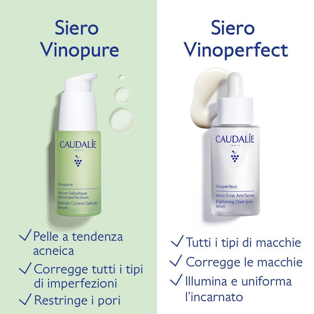 Confronto tra sieri Caudalie Vinopure e Vinoperfect, con vantaggi elencati.