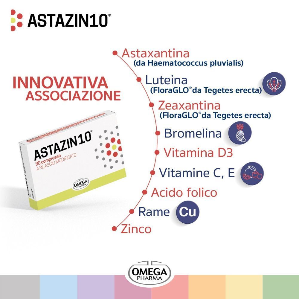 ASTAZIN10®: Innovativa associazione di Luteina, Astaxantina e altri nutrienti. Confezione e ingredienti.