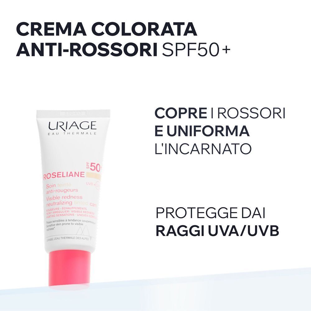 Tubo di crema colorata URIAGE Roseliane SPF50+ con testo.