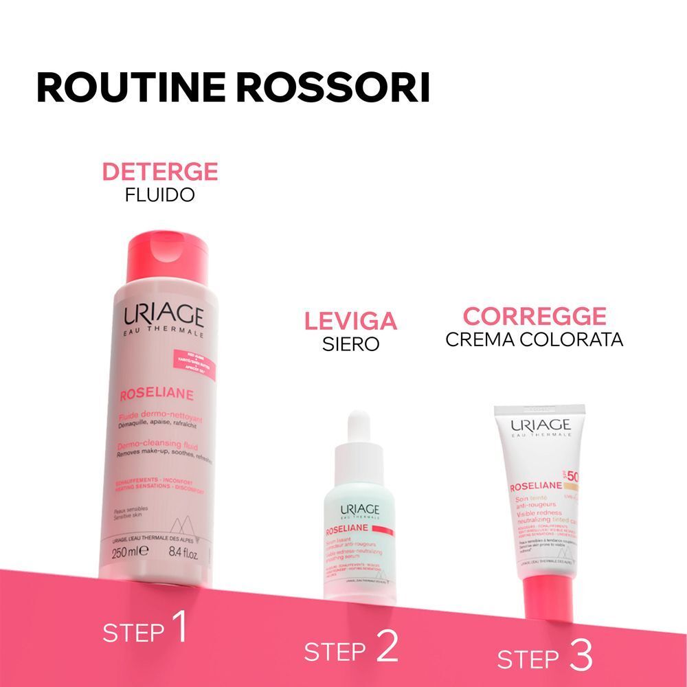 Routine URIAGE Roseliane: Detergente, Siero, Crema.