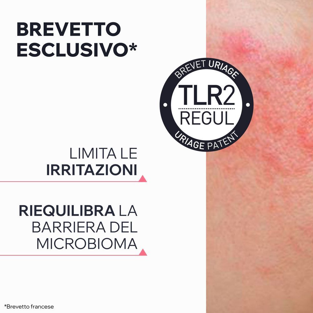 Pelle con rossori e un sigillo con testo "TLR2 Regul Uriage Patent".