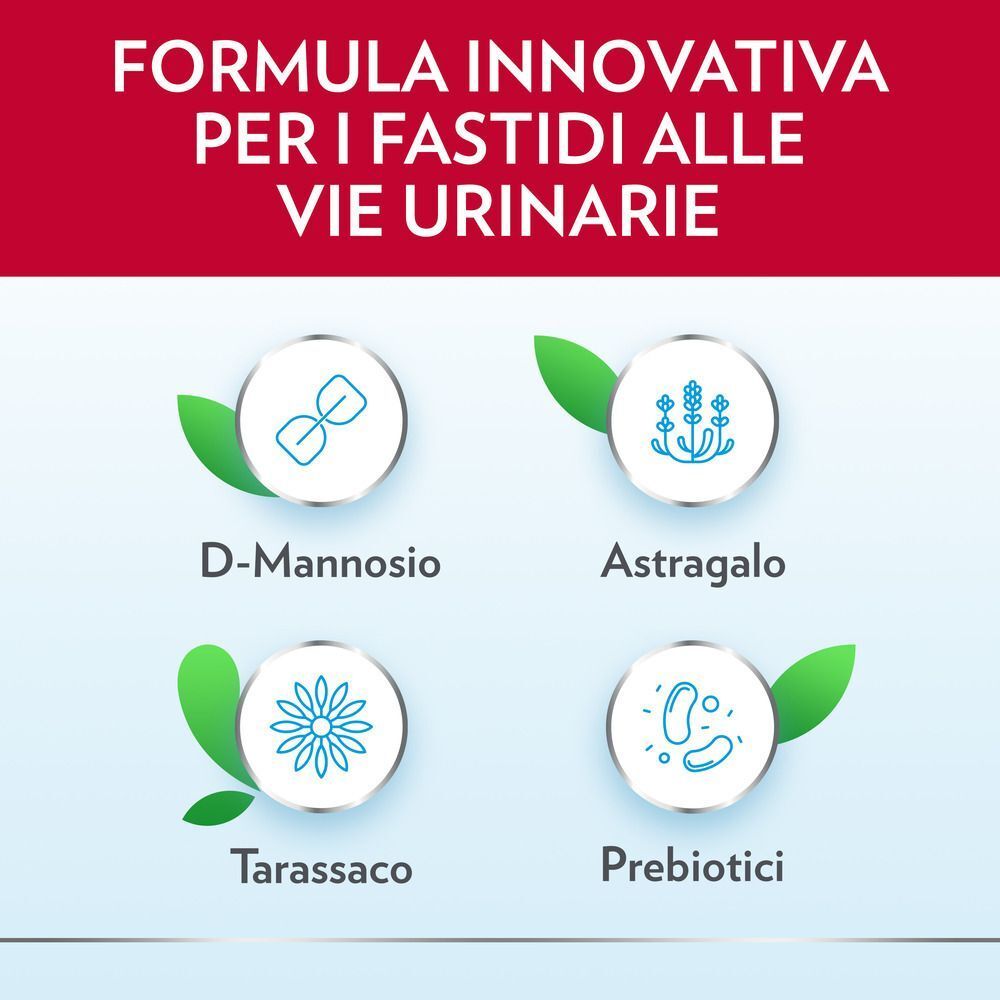 Quattro icone: D-Mannosio, Astragalo, Tarassaco e Prebiotici per le vie urinarie.